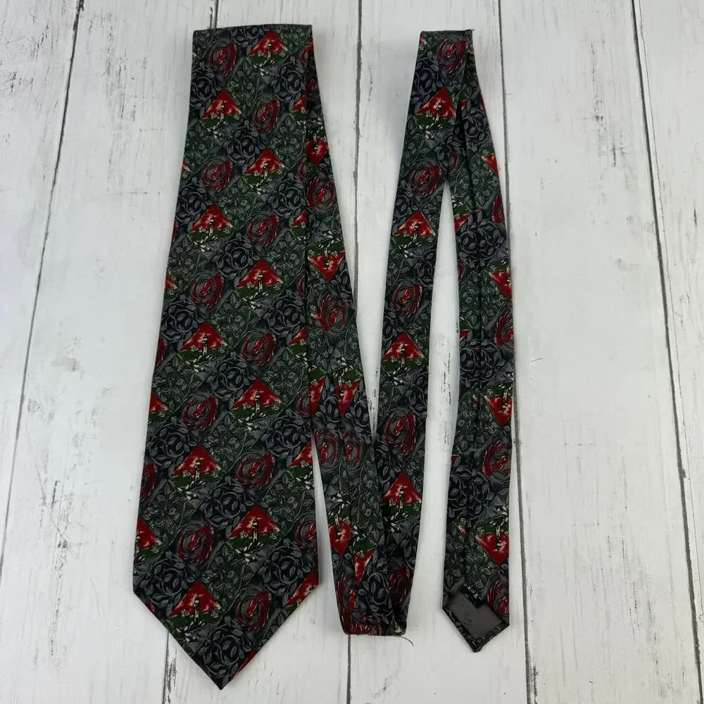 VTG Christian Dior Monsieur Grey/Red Silk Lighthouse & Bird Print Neck Tie Mens